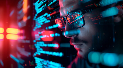 male IT professional with glasses is immersed in code analysis and data holograms. She researches programming, cybersecurity, and cyber security. Generative AI