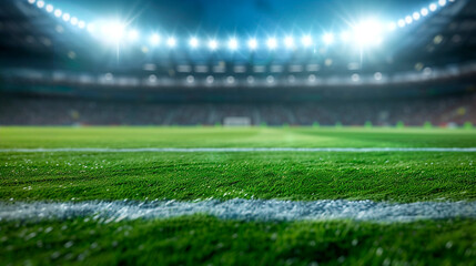 lower perspective soccer field with green grass illuminated by spotlights, in the distance you can see the gate blurred in the bokeh. Generative AI