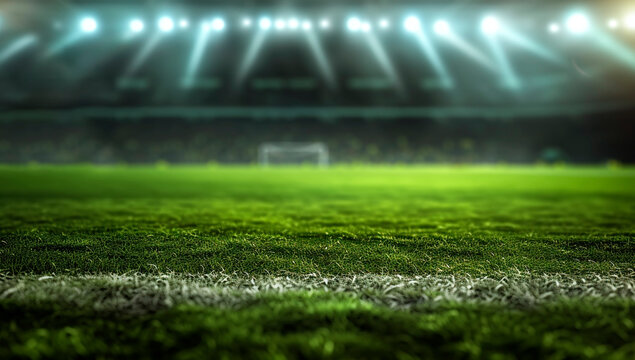 lower perspective soccer field with green grass illuminated by spotlights, in the distance you can see the gate blurred in the bokeh. Generative AI - Powered by Adobe