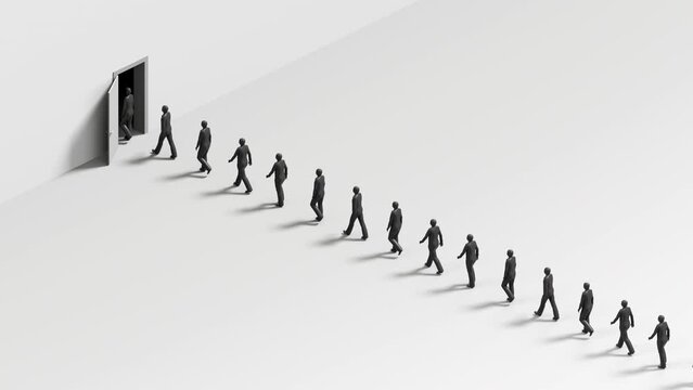 Group of silhouettes of people on a white background enters an open dark door. Seamless looping animation.