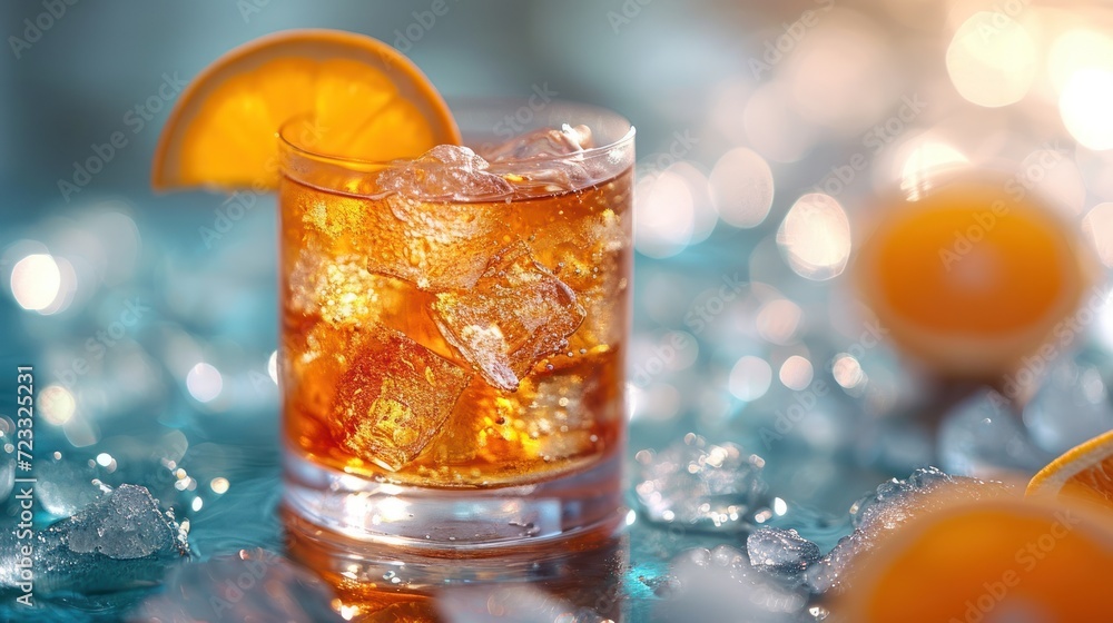 Poster a close up of a glass with ice and a slice of an orange on a table with other oranges and ice cubes 