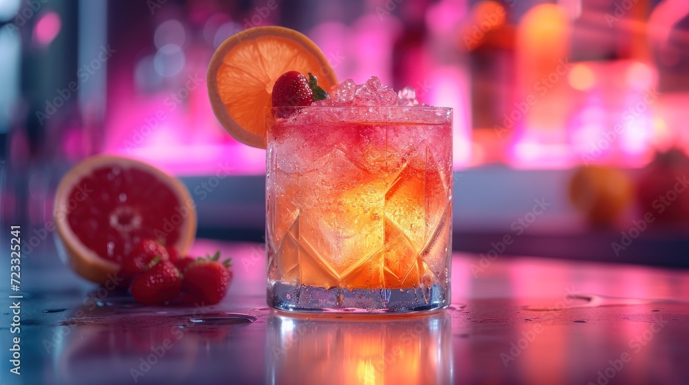 Poster a close up of a drink on a table with a slice of grapefruit and a grapefruit on the side of the glas