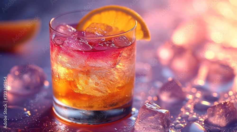 Poster a close up of a drink on a table with ice cubes and a slice of an orange on the side of the glass wi