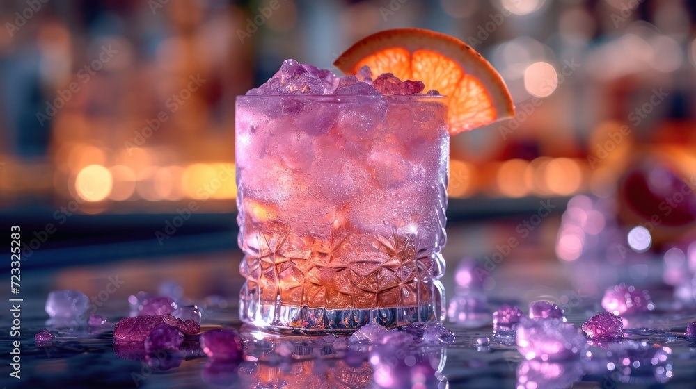 Poster a close up of a drink on a table with ice and a slice of an orange on the side of the glass and a pi