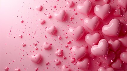 Beautiful delicate pink background with frame of voluminous 3D hearts and plenty of space for text