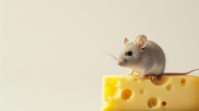 Mouse on a large piece of cheese on grey backgroung, Banner with place for text. Generated AI