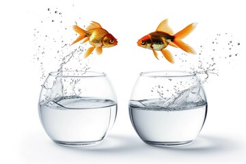 Goldfish leaping out of bowl on white background