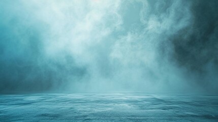abstract image of light blue room concrete floor panoramic view of the abstract fog white cloudiness, space for product presentation ,mist or smog moves on light blue background - obrazy, fototapety, plakaty