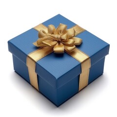 Blue gift box with gold silk bow on isolated white background