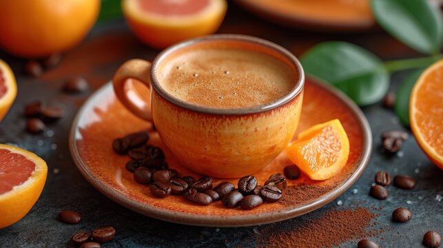  a cup of coffee sitting on top of a saucer filled with coffee beans and orange slices next to some sliced up grapefruits and a few green leaves.