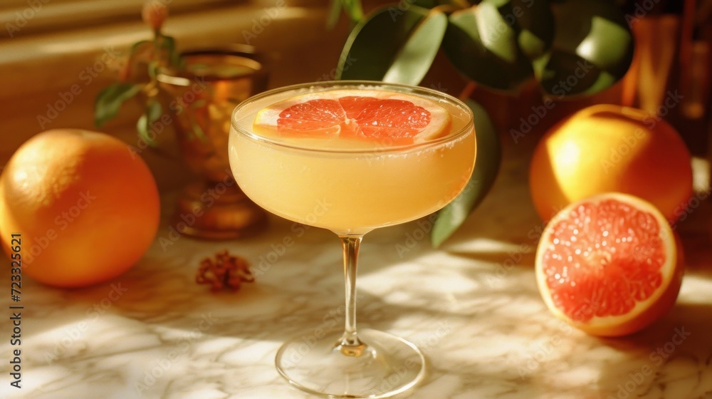 Aufkleber a close up of a wine glass with a grapefruit and a grapefruit on a table with oranges and a potted p