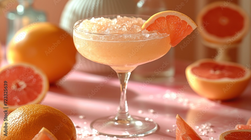 Poster a close up of a drink in a glass with grapefruit garnish and grapefruit slices on a table with other