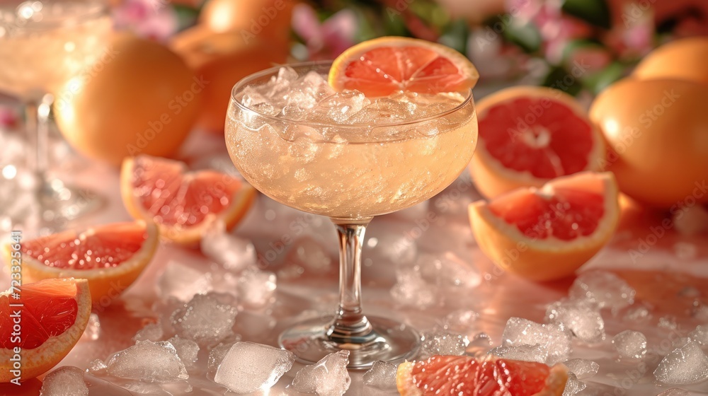 Poster a close up of a wine glass on a table with grapefruits and grapefruits on the side of the glass and 