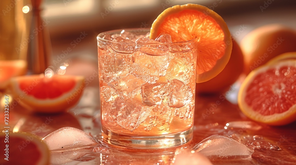 Poster a close up of a drink on a table with grapefruits and grapefruits in the background and a pitcher of