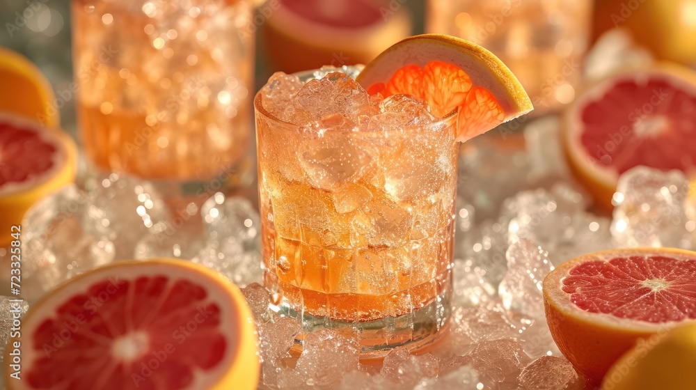 Poster a close up of a grapefruit cocktail on a table with grapefruits and grapefruit garnishes around the 