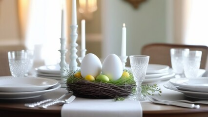 Fototapeta na wymiar Easter table setting with Easter eggs, elegantly laid Easter table, Beautiful minimalistic greeting card design.