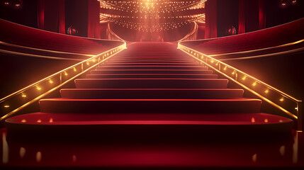 Red carpet on the stairs on dark background, the way to glory, victory and success