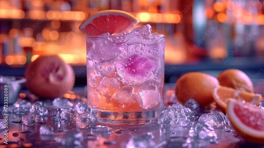 Poster a close up of a glass of ice with a grapefruit and a grapefruit on a table with other grapefruits an