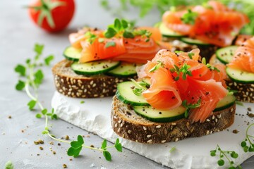 Fototapeta na wymiar Healthy Nordic style cuisine featuring rye bread salmon and cucumber on a white table