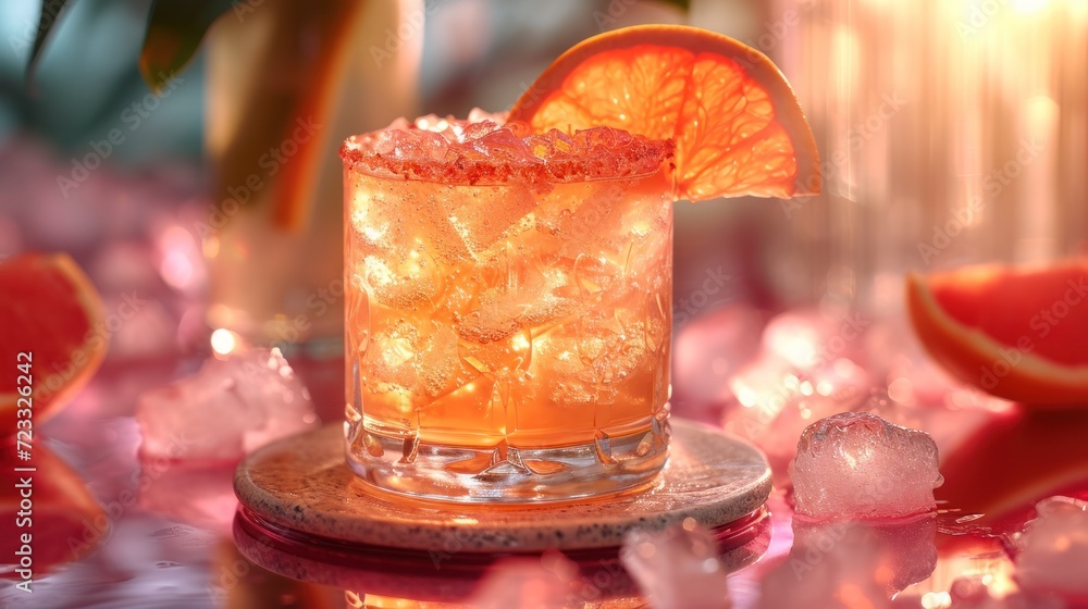 Poster a close up of a drink with ice and a slice of orange on a table with watermelon and ice cubes on the