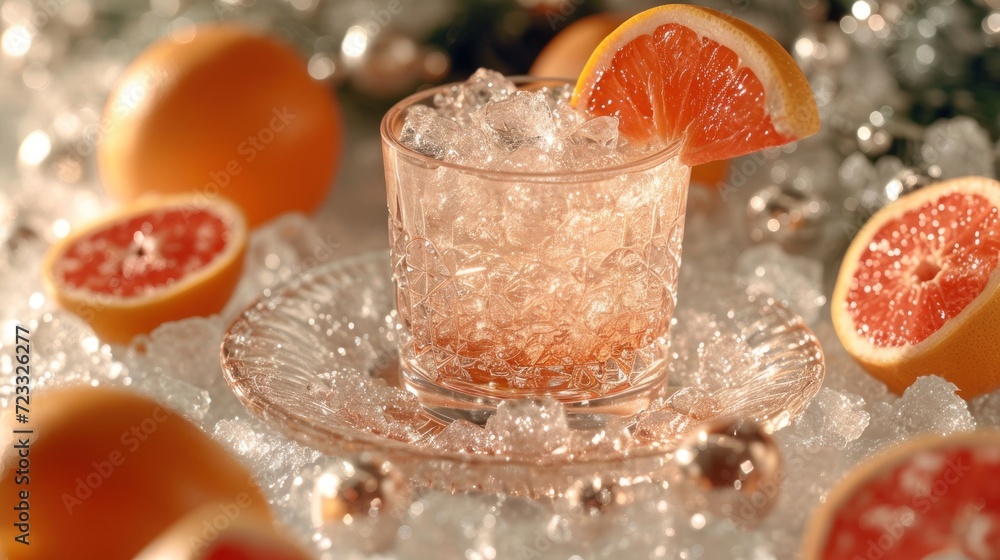 Poster a close up of a drink on a plate with grapefruits and oranges in the background and a christmas tree