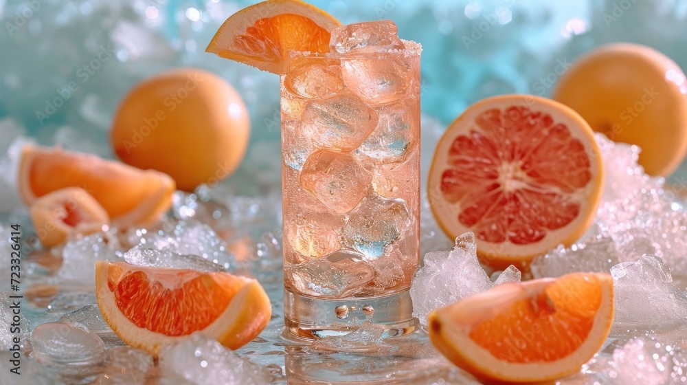 Poster a close up of a glass of ice with a grapefruit and a grapefruit on a table with other grapefruits an