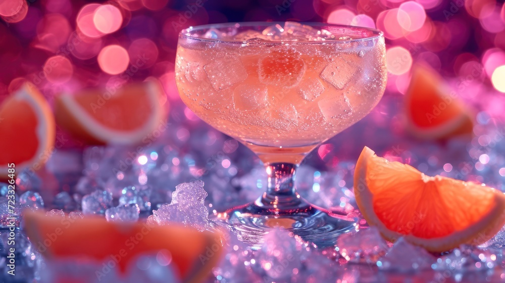 Poster  a close up of a drink in a glass with a slice of grapefruit on a table with other grapefruits and ice cubes in the background.