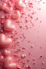 Beautiful delicate pink background with frame of voluminous 3D hearts and plenty of space for text