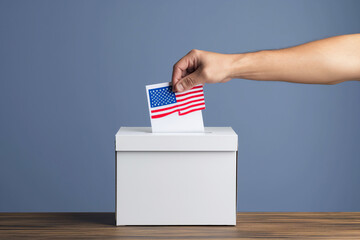 A hand inserts a ballot into a ballot box.