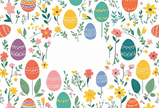 Vector illustration of colorfully painted Easter eggs and spring flowers. Easter decorations, seamless primitive pattern, children's doodles for prints,