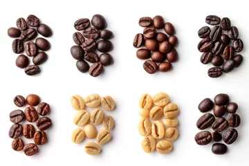 Foto op Plexiglas Infographic illustrating coffee roasting stages from green to dark roast with isolated beans on white background © The Big L