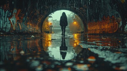  a person standing in a dark tunnel with a reflection of them in the puddles on the ground and the light at the end of the tunnel is reflecting in the water.