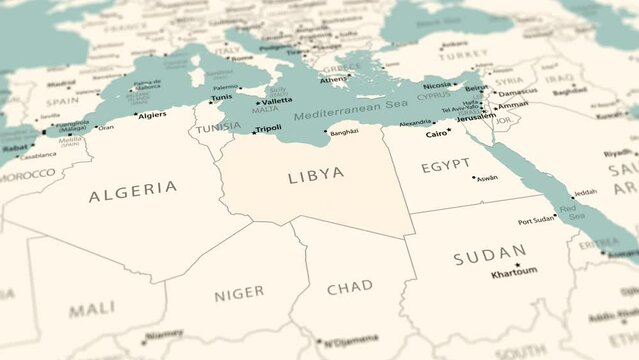 Libya on the world map. Smooth map rotation. 4K animation.