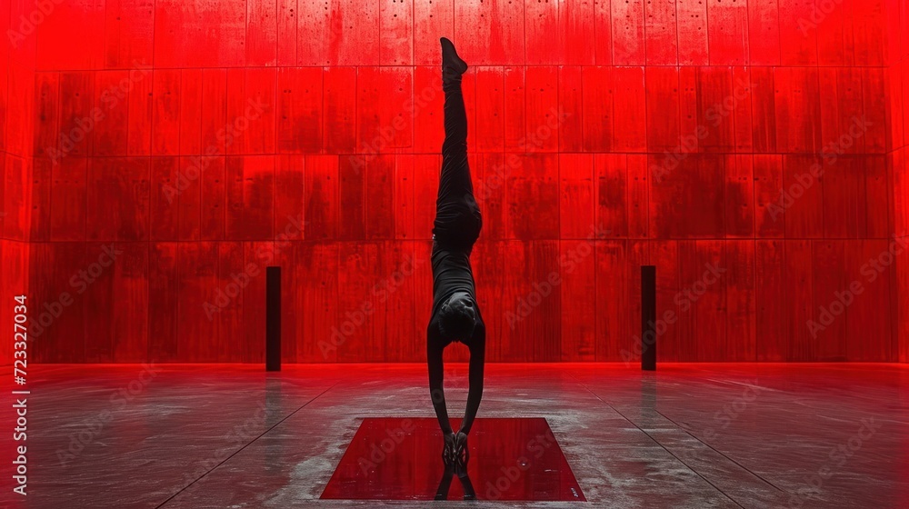 Poster a person doing a handstand in front of a red wall in a room with a red rug on the floor and a red li