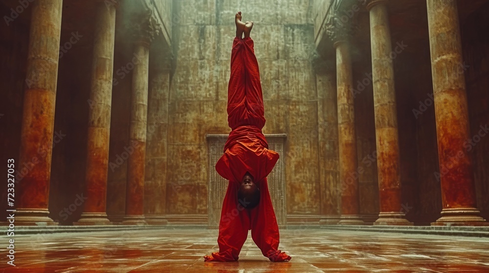 Poster a person in a red outfit is doing a handstand in a large room with columns and columns on either sid