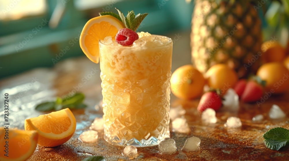 Poster a pineapple drink garnished with a raspberry garnish and garnished with mint on a table next to oran