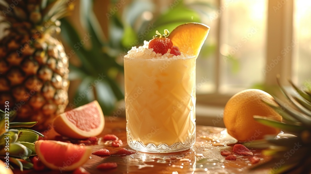 Poster a close up of a drink on a table with a pineapple and oranges in the background and a pineapple and 