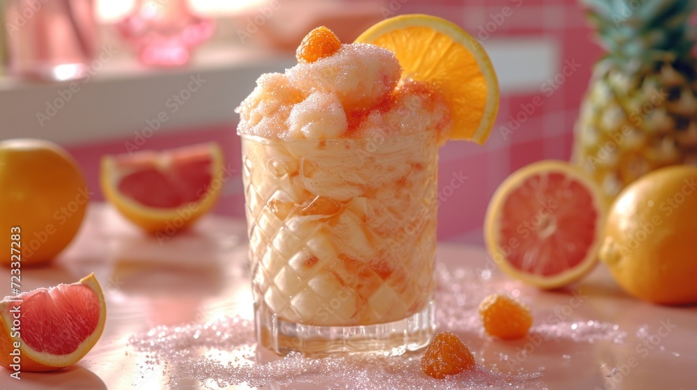 Aufkleber a close up of a drink on a table with grapefruit, oranges, and a pineapple in the background with a 