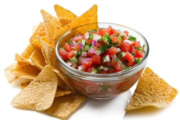 Isolated white background with tomato salsa dip and Tortilla chips in a glass bowl