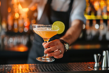 bartender preparing a cocktail. with a long ribbon of lemon peel.