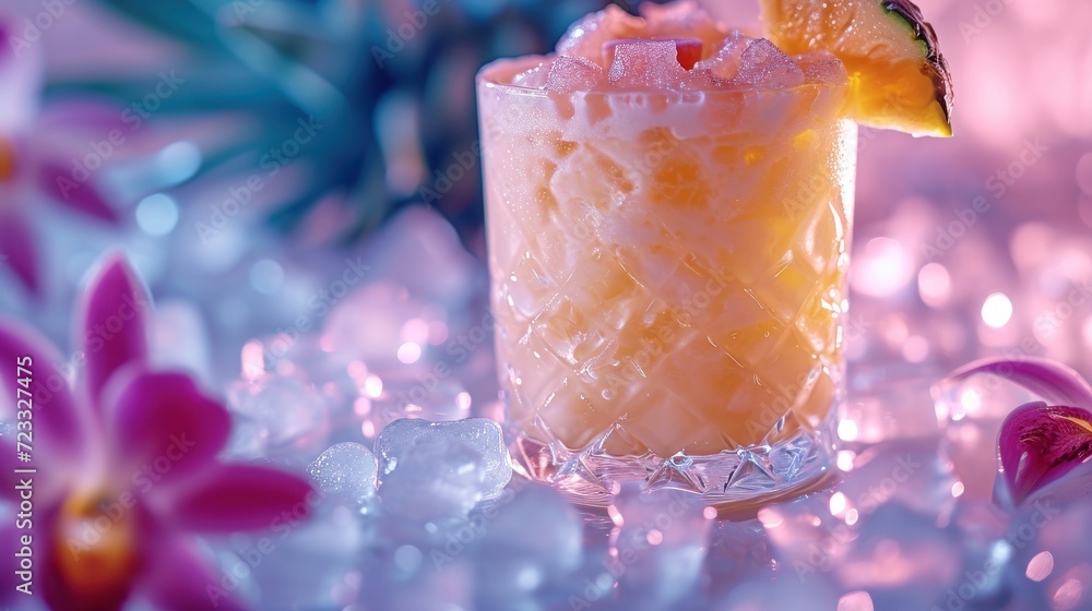 Aufkleber a close up of a drink in a glass with a slice of fruit on top of it and ice on the bottom of the gla