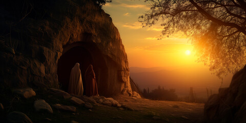 Bible, Easter, A peaceful and hopeful image of Mary Magdalene and other women approaching the empty tomb of Jesus at sunrise.