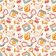 Cartoon seamless pattern. Love theme with heart shaped decor. Light cartoon fabric, all over design, wrapping paper, wallpaper or background.