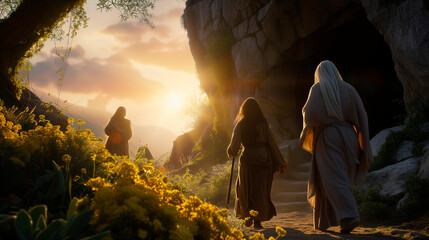 Bible, Easter, A peaceful and hopeful image of Mary Magdalene and other women approaching the empty tomb of Jesus at sunrise. - obrazy, fototapety, plakaty