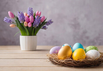 Easter decorations, colorfully painted and decorated Easter eggs and spring flowers on a wood...