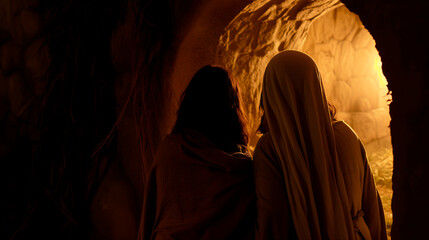 Bible, Easter, A peaceful and hopeful image of Mary Magdalene and other women approaching the empty tomb of Jesus at sunrise.