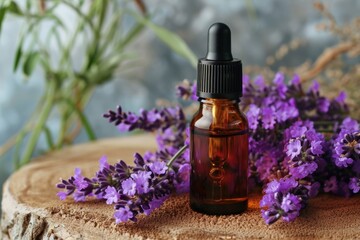 Fototapeta premium Lavender oil for face and body with dropper and flowers on background