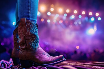 Live country music festival featuring cowboys in hats and boots alongside a rodeo backdrop - obrazy, fototapety, plakaty