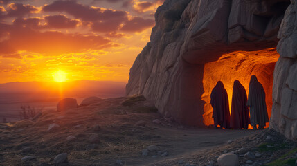 Bible, Easter, A peaceful and hopeful image of Mary Magdalene and other women approaching the empty tomb of Jesus at sunrise.