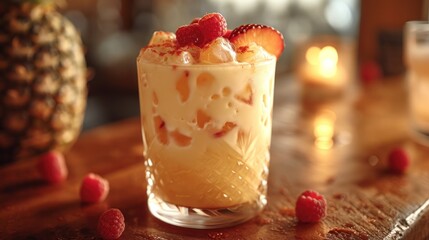  a close up of a drink on a table with raspberries and a pineapple on the side of the glass and a...